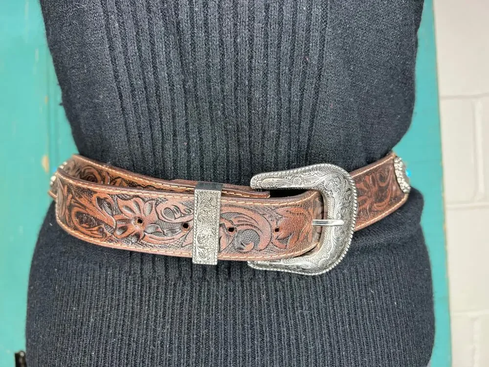 belt tooled leather silver tone buckle cowhide western